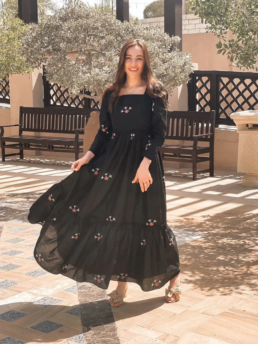 Black Square Neck Embroidery Frock