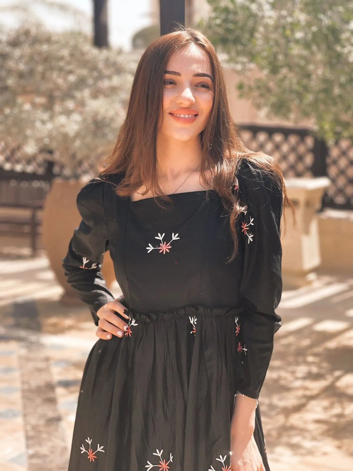 Black Square Neck Embroidery Frock – humasapperal