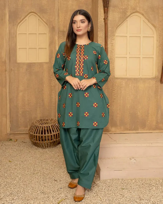 Green Leave Embroidery Two Piece
